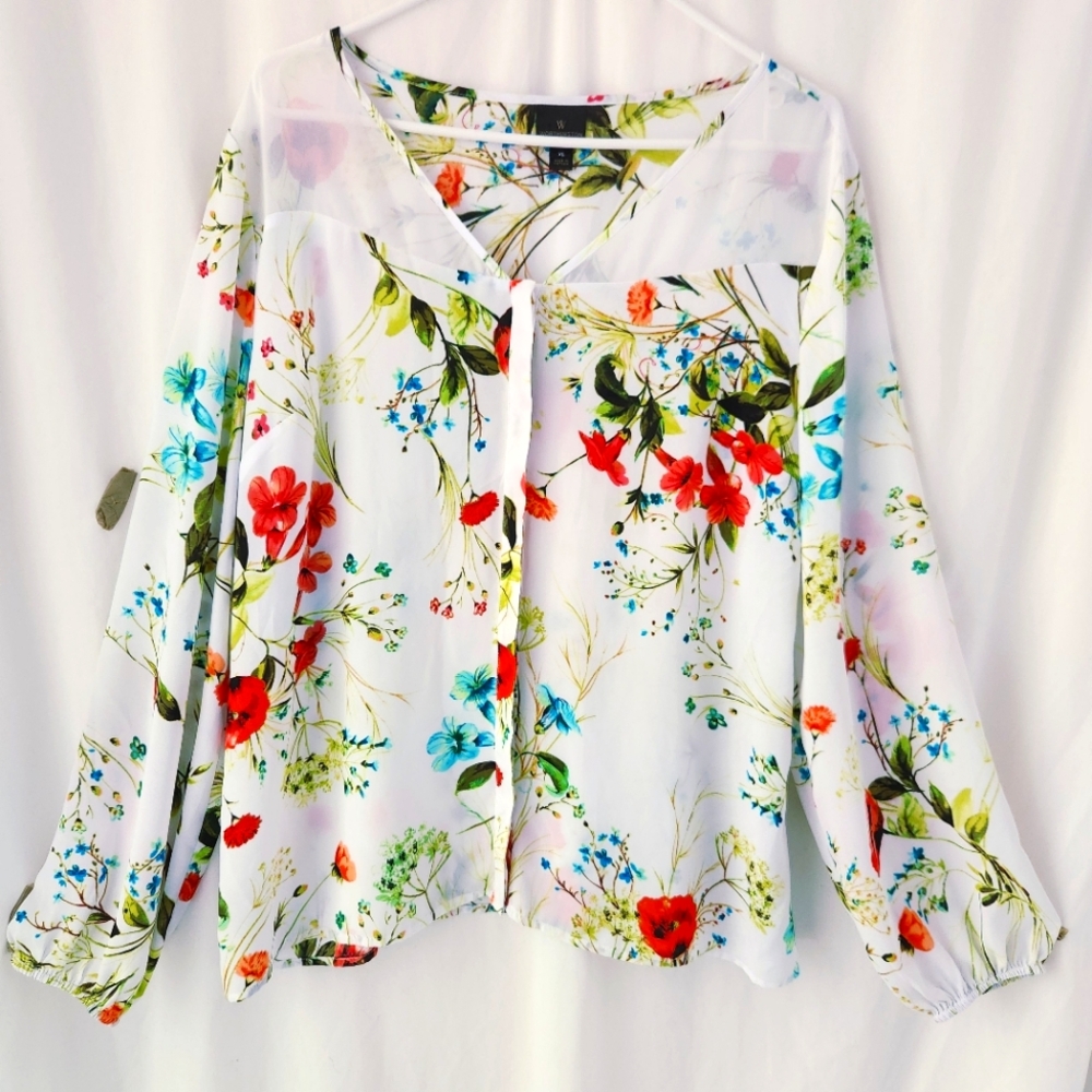 Worthington Multicolor Floral Blouse V-Neck Button Front Long Sleeve Sz XL